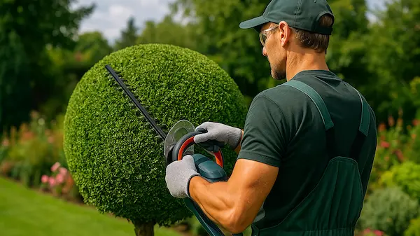 no-limit-gartengestaltung-burgbrohl-hecke-strauch-formschnitt Professioneller Formschnitt eines Zierstrauchs – präzise Gartenpflege mit Motorscherensystem
