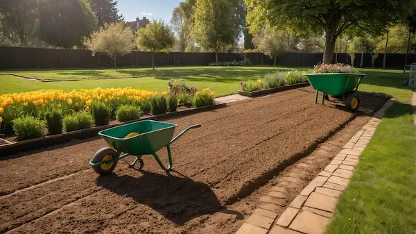 no-limit-gartengestaltung-burgbrohl-rasenpflege-saehen Rasenfläche vor der Aussaat – frisch aufgelockerter Boden mit Gartengeräten für professionelle Rasenneuanlage